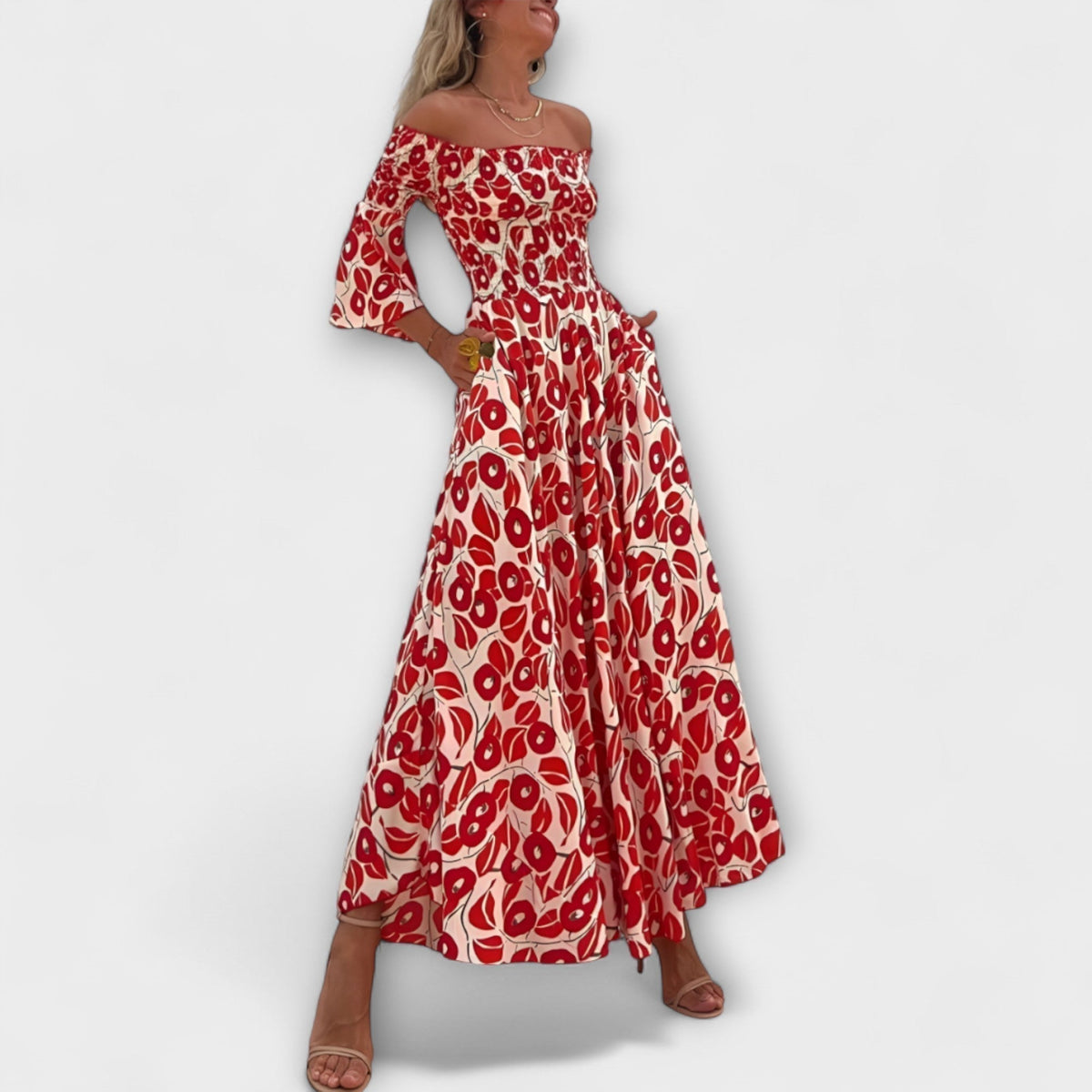 Bella - Vestido con hombros al descubierto y flores del océano