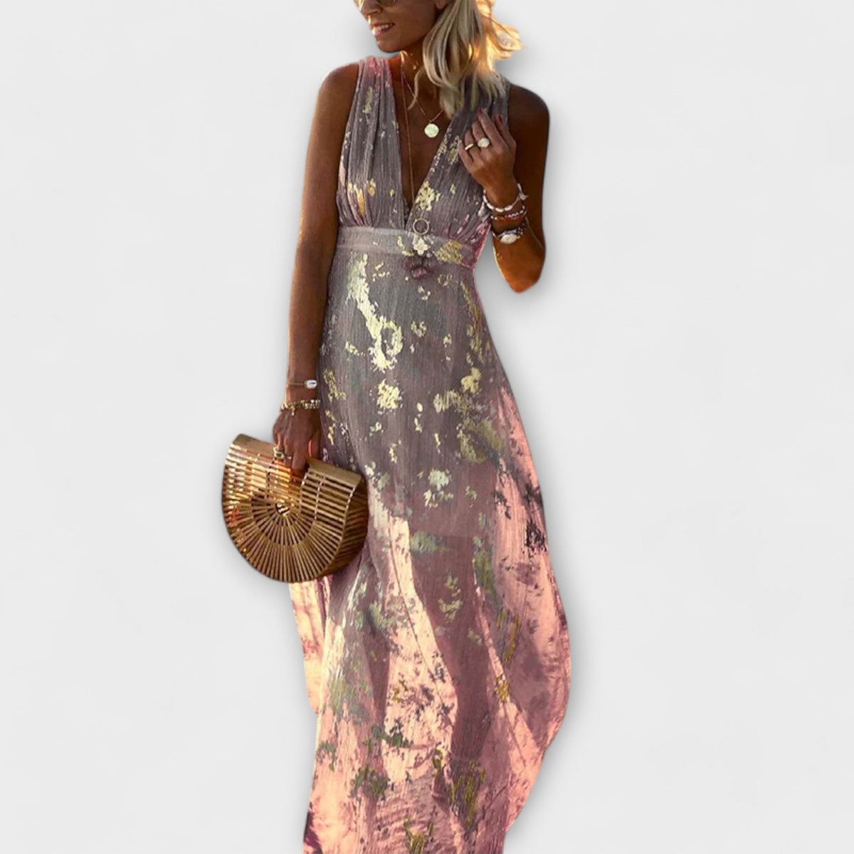 Vestido con escote en V y detalles de brillo