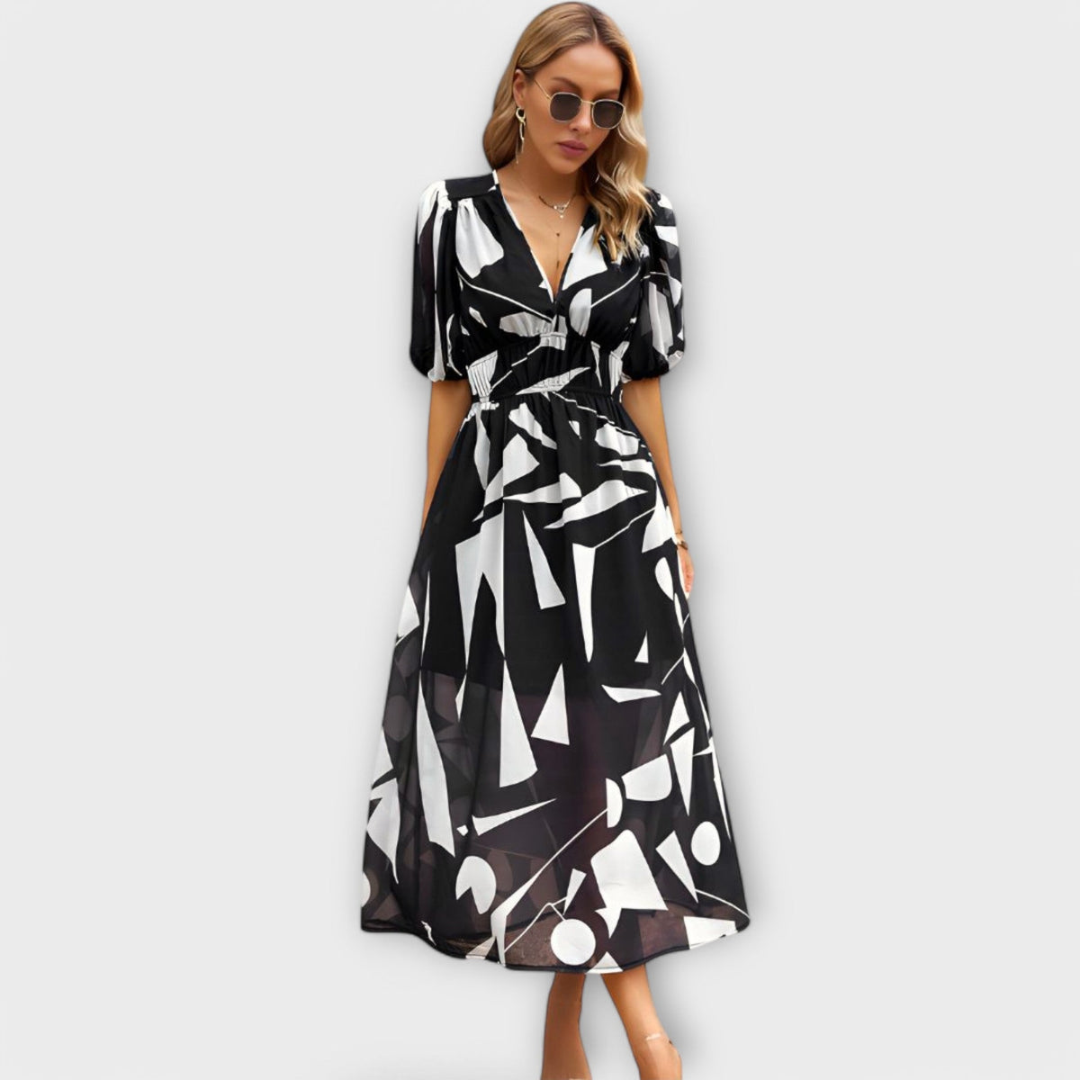 Vestido Maxi Abstracto con Mangas Abullonadas