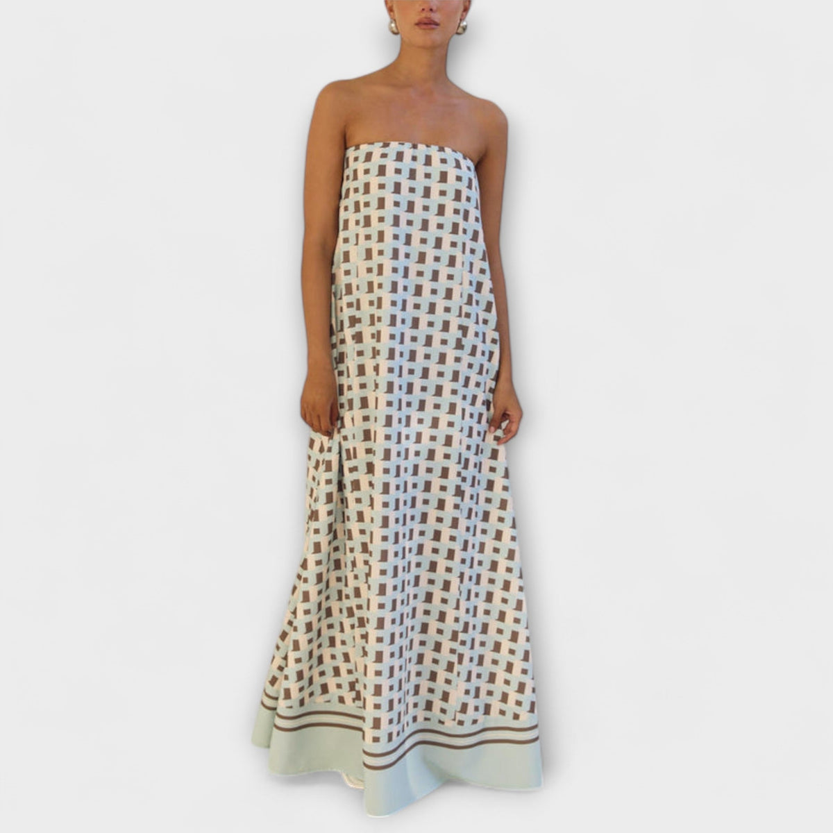 Rjava - Vestido maxi geométrico único con hombros al descubierto