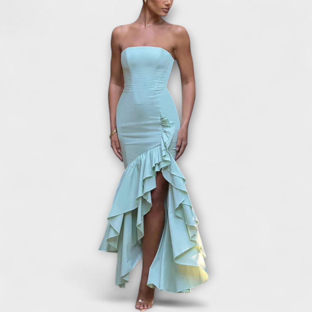 Zuri - Vestido maxi con hombros al descubierto y dobladillo asimétrico