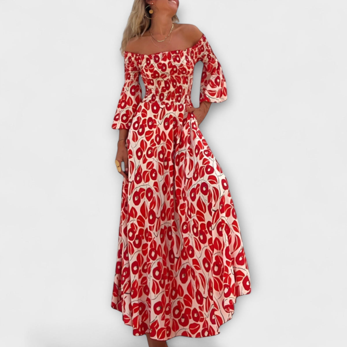 Bella - Vestido con hombros al descubierto y flores del océano